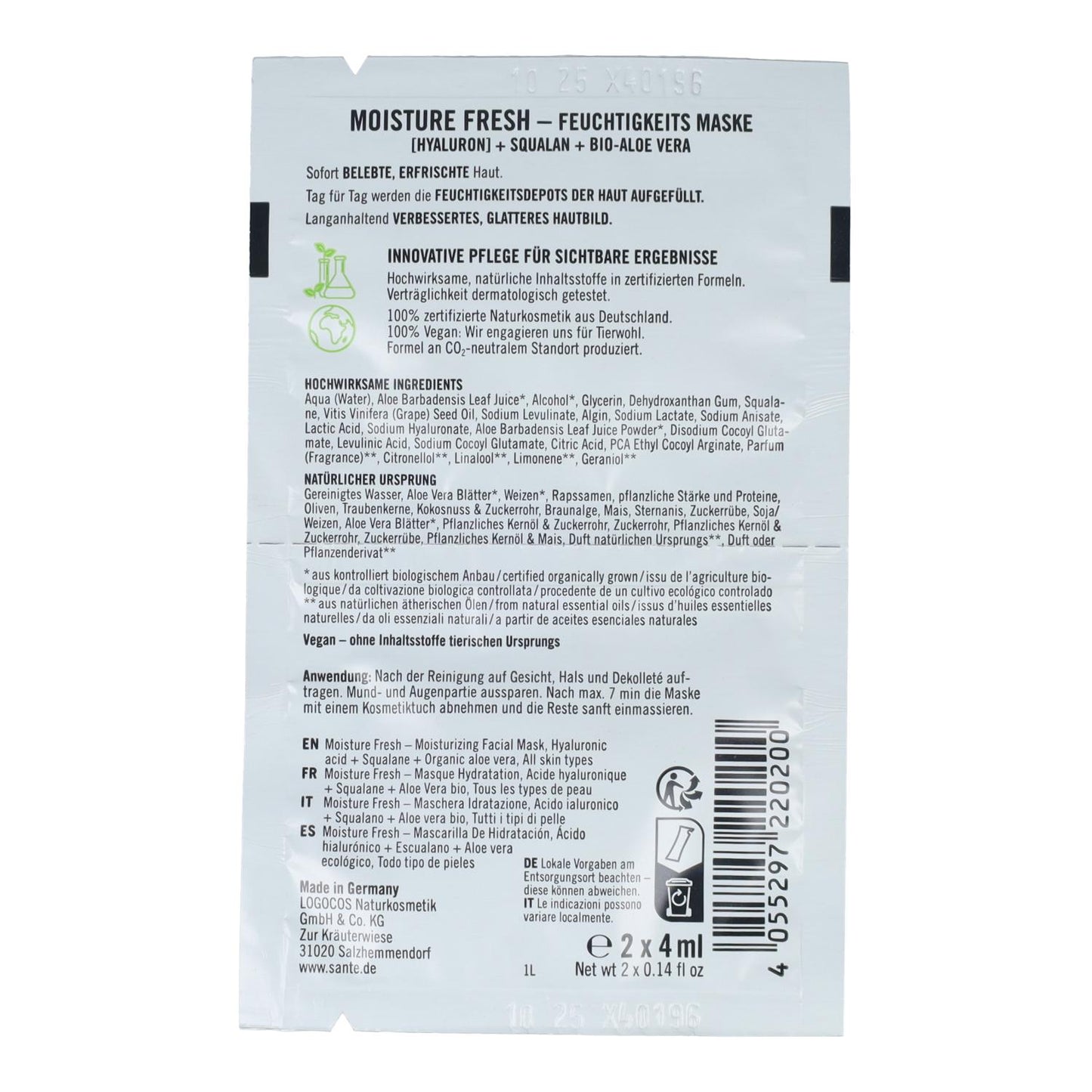 Fresh hydrating mask with hyaluronic acid & aloe, Sante 2 x 4 ml