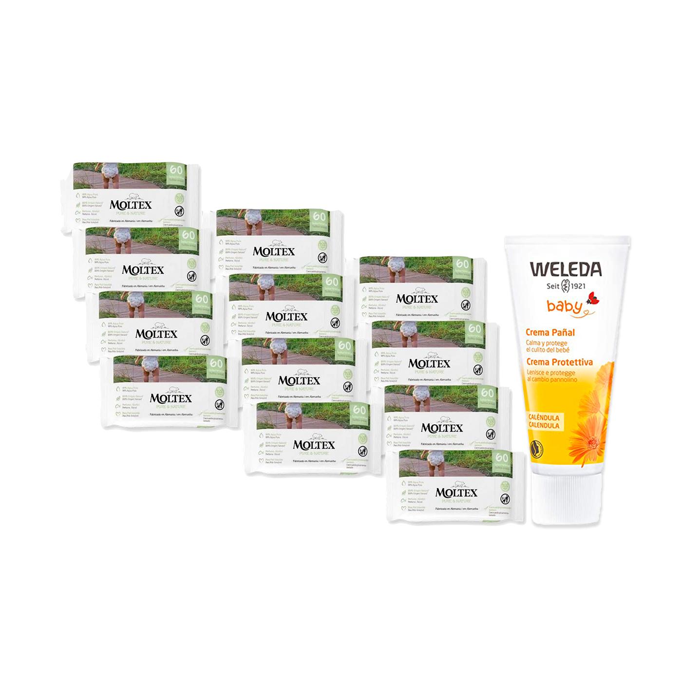 SPECIALPAKET Weleda ringblomskräm för blöjans område 75 ml + 12-pack Moltex Pure & Nature våtservetter 60 st