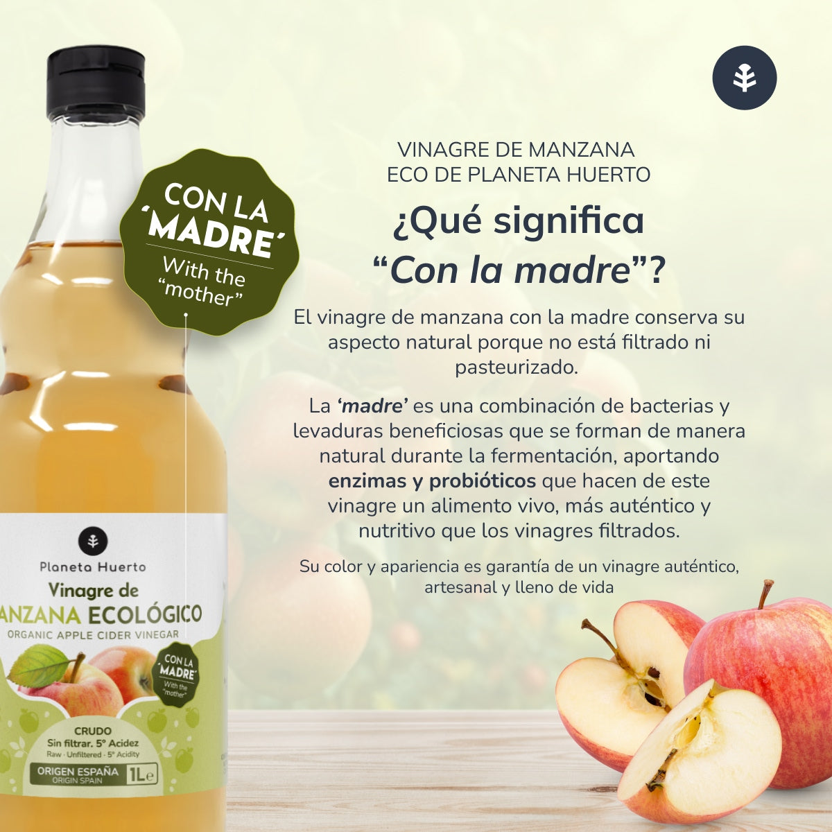 Pack 3 x Vinaigre de pomme ECO brut non filtré avec la mère Planeta Huerto 1 L
