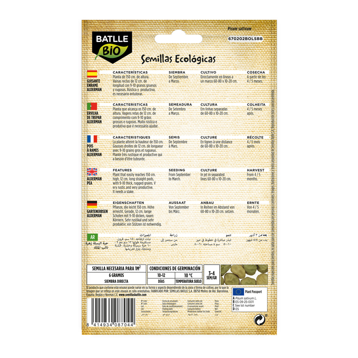 Ekologiczne nasiona grochu 1/2 łodygi Alderman Batlle