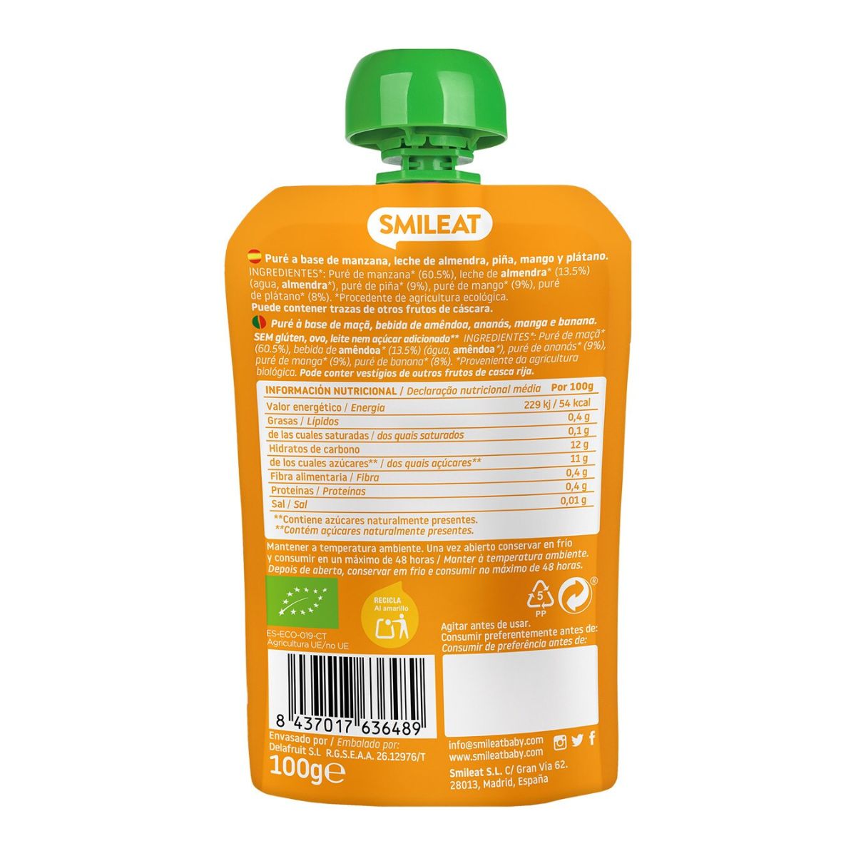 Pouch Mandel, mango och ananas ECO Smileat, 100 g