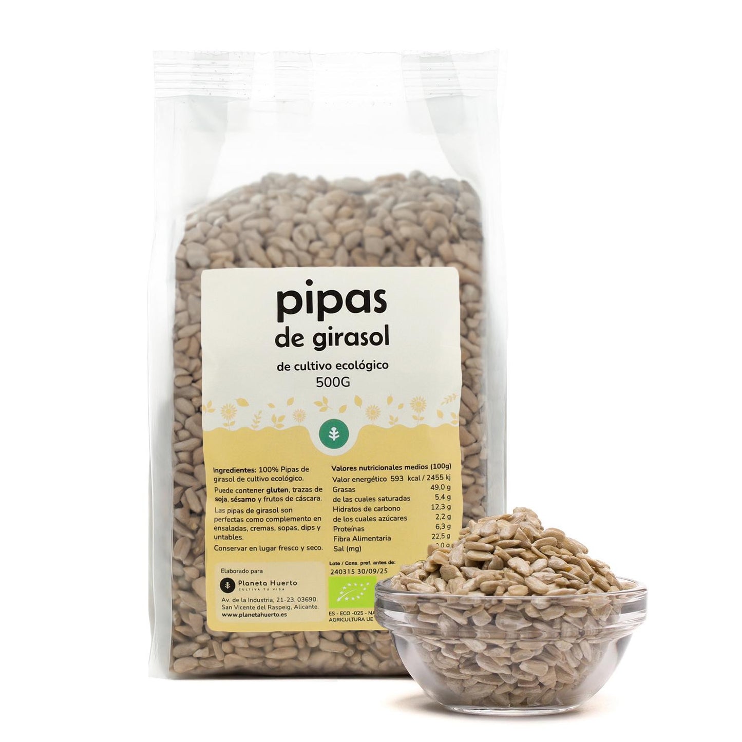 Skalade solrosfrön ECO Planeta Huerto 500 g