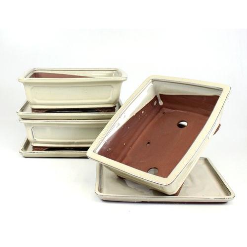 Doniczka do bonsai prostokątna 25 cm z kremową podstawką