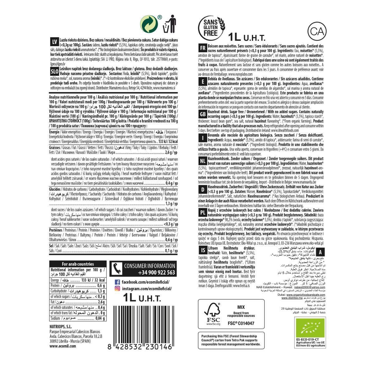 Suikervrije hazelnootdrank Ecomil 1 L