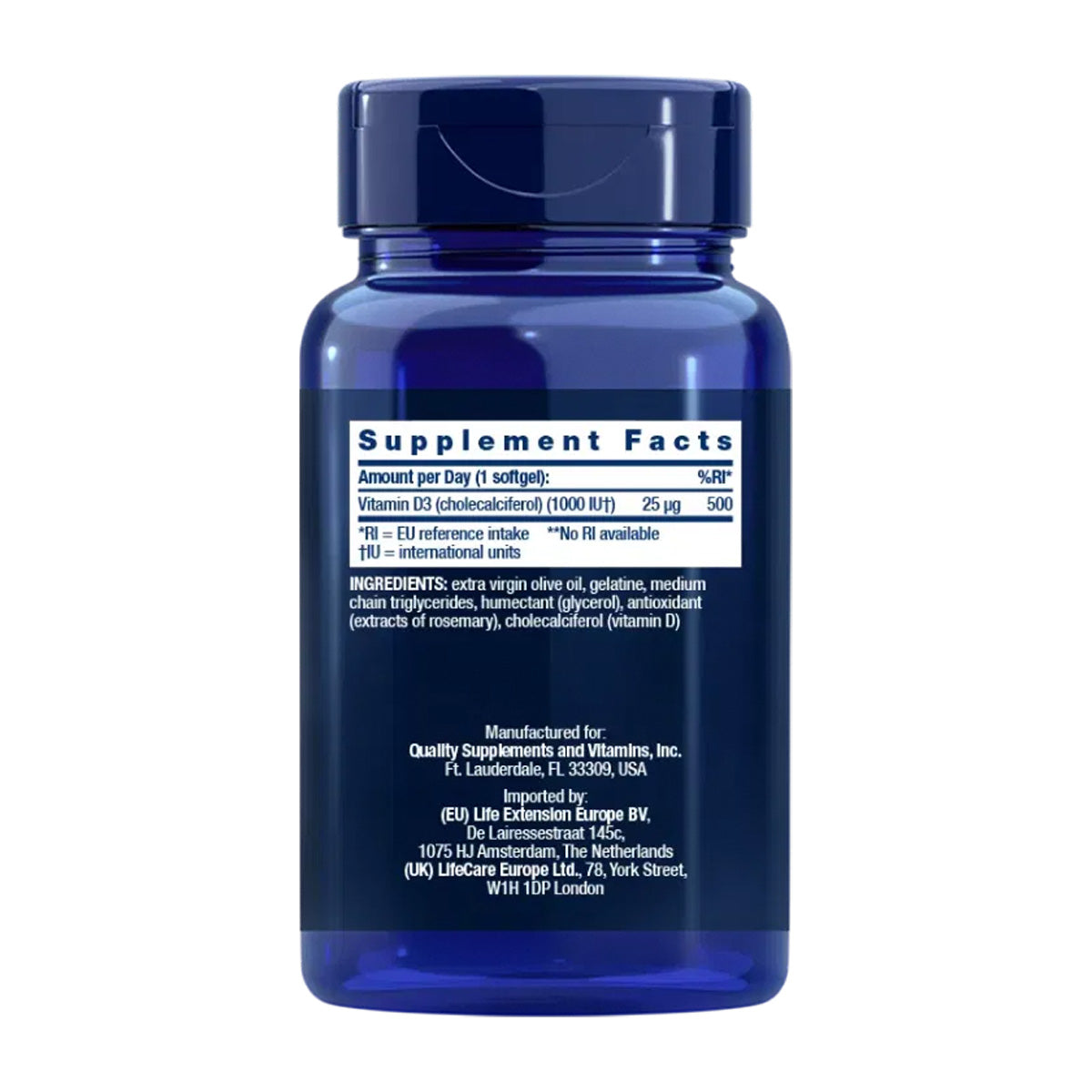 Vitamine D3 1000 UI, Life Extension 250 gélules