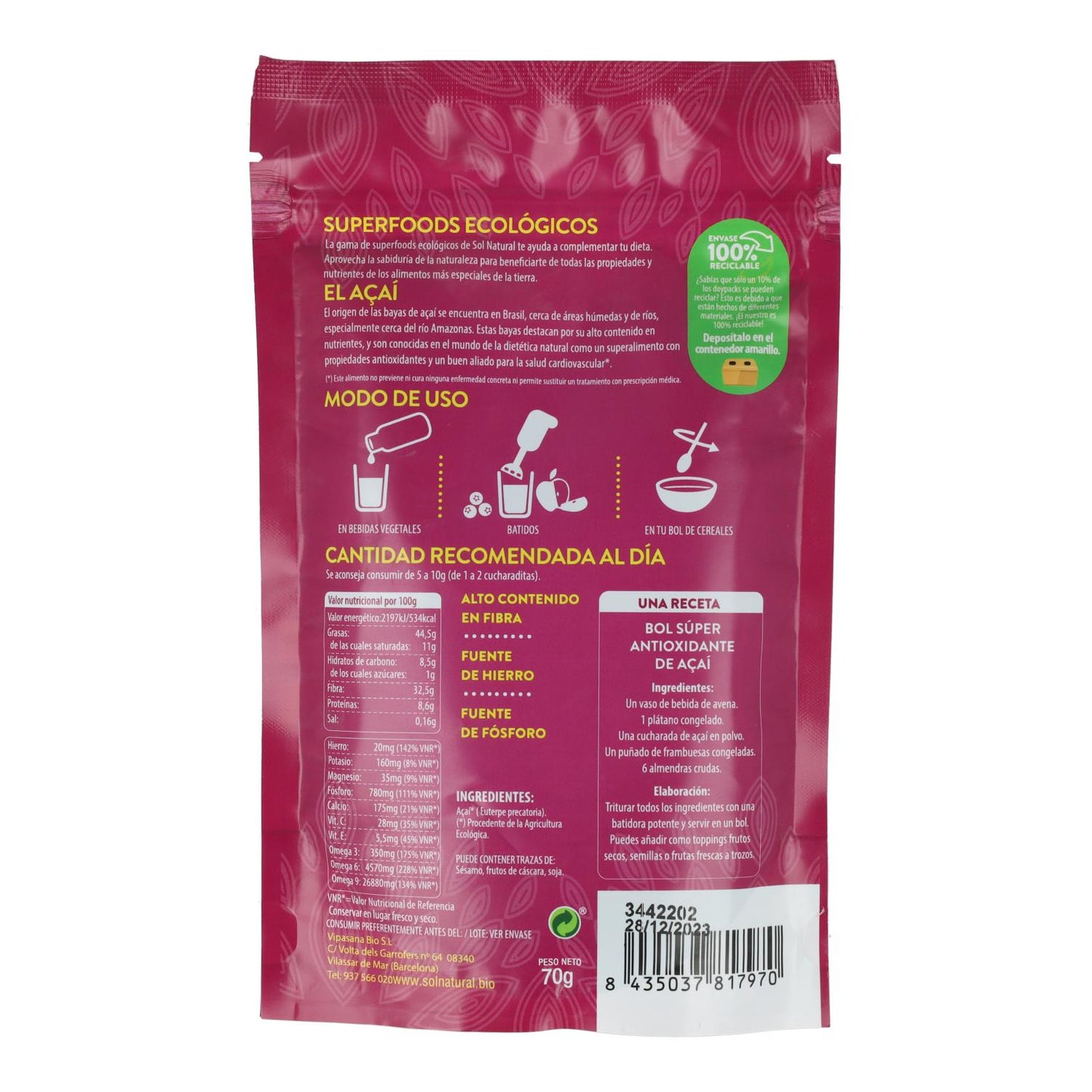 Sol Natural Organic Açaí Powder 70 g