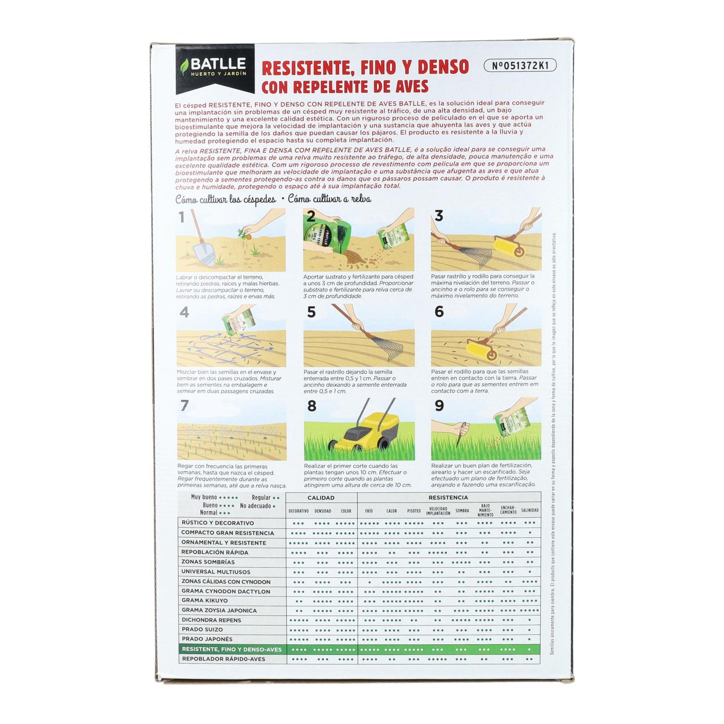 Graines de gazon résistant, fin et dense, avec répulsif pour oiseaux Batlle 1 kg