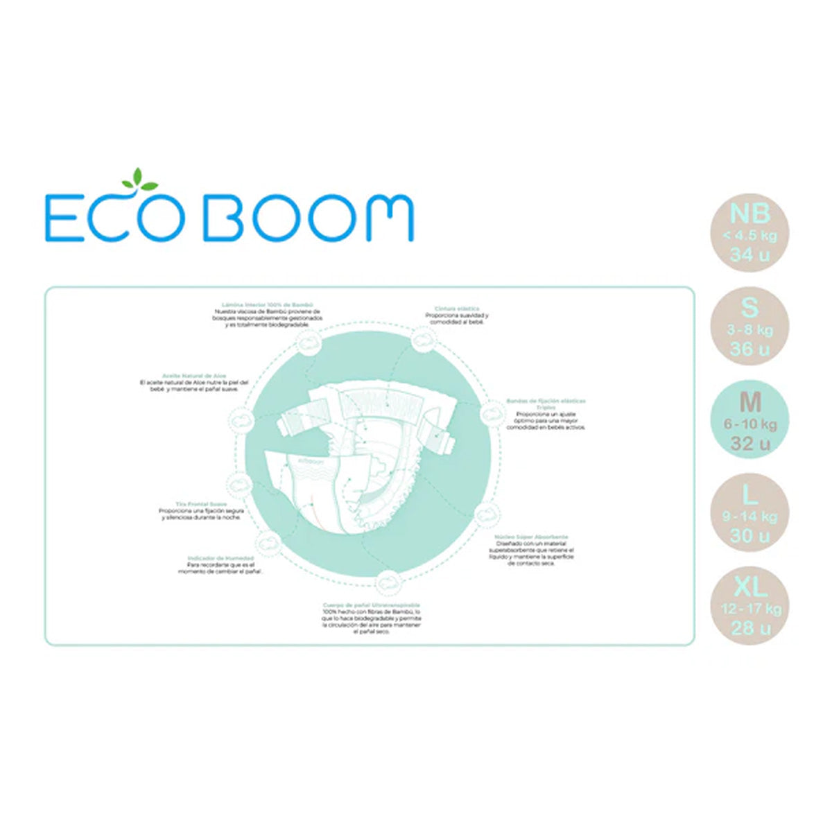 Pieluchy bambusowe Pure Premium ECO BOOM T3 (6 do 10 kg) 32 szt.