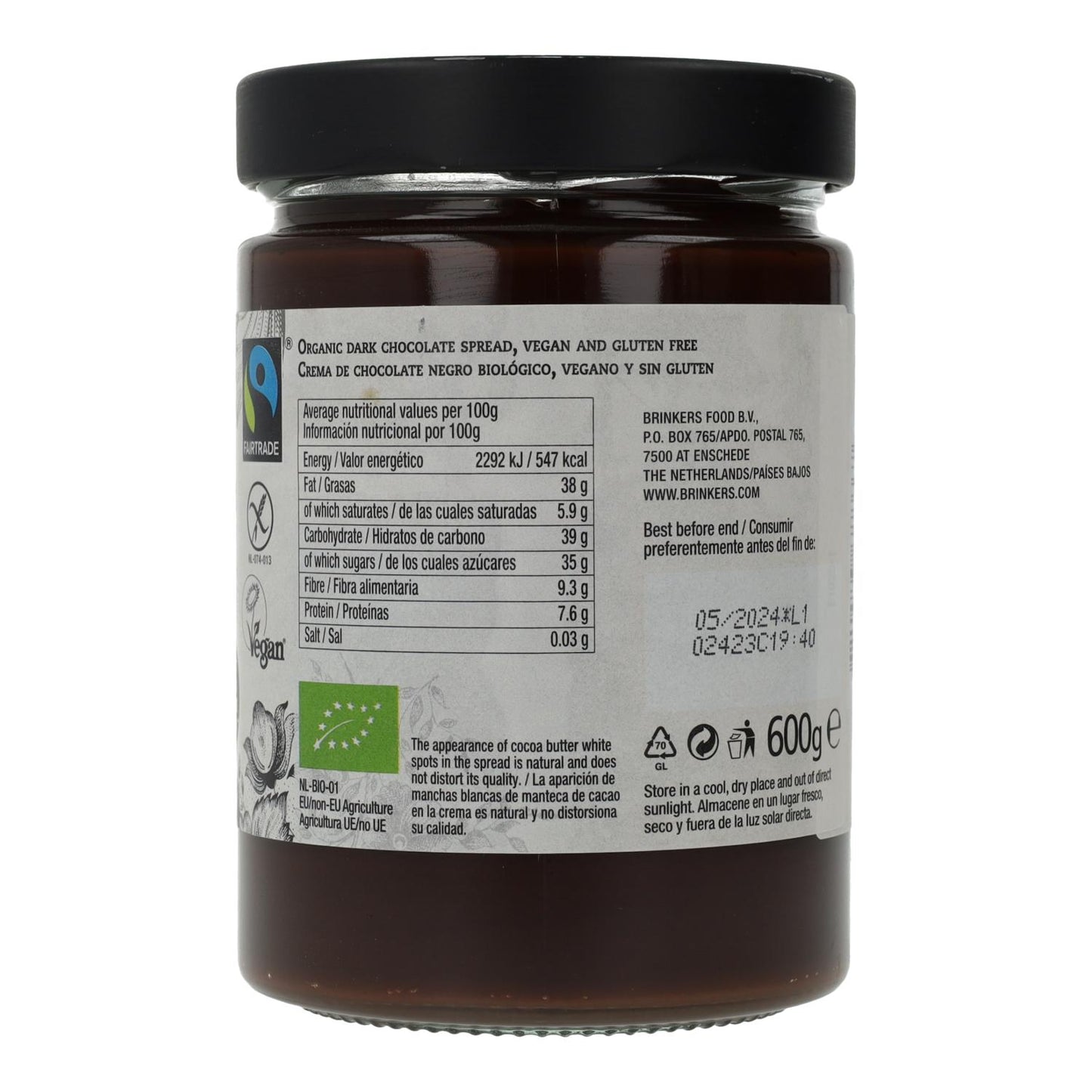Crema de Chocolate Negro Vegano Sin Gluten La Vida Vegan, 600 g