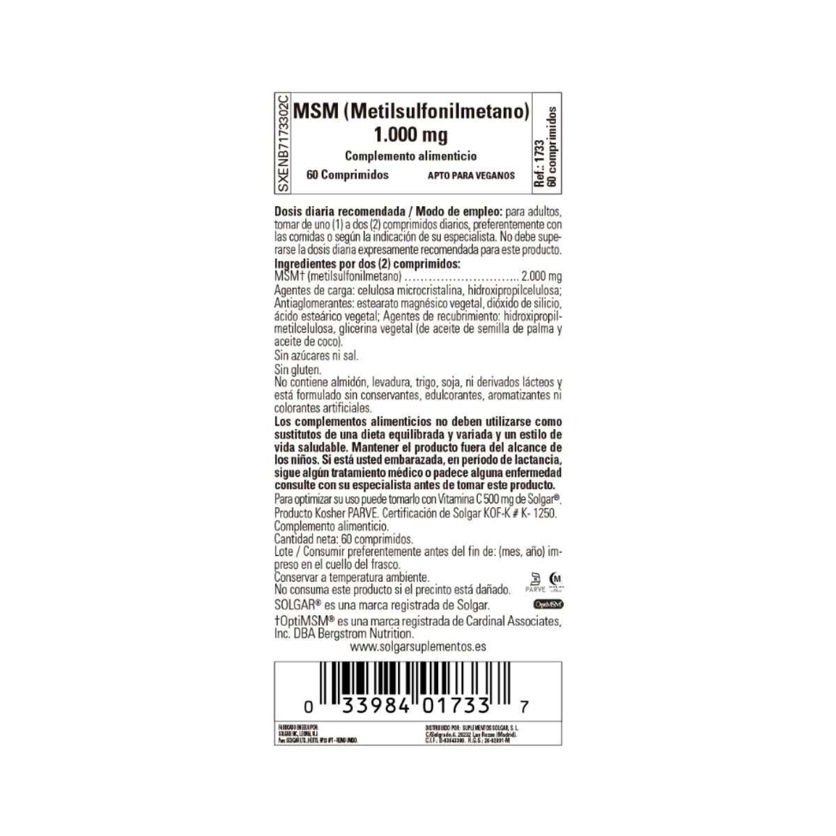 MSM (methylsulfonylmethaan), 60 tabletten van 1000 mg