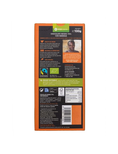 Tablette de chocolat noir 70 % Orange Bio Tierra madre 100 g