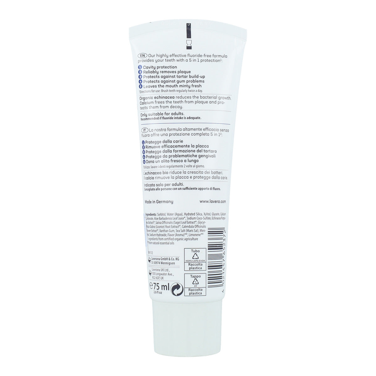 Fluoridevrije tandpasta met echinacea BIO & calcium, Lavera 75 ml