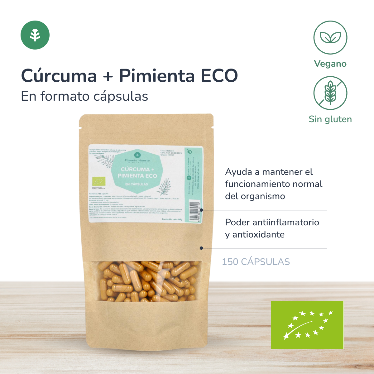 Organiczna kurkuma + organiczny pieprz Planeta Huerto 150 kapsułek