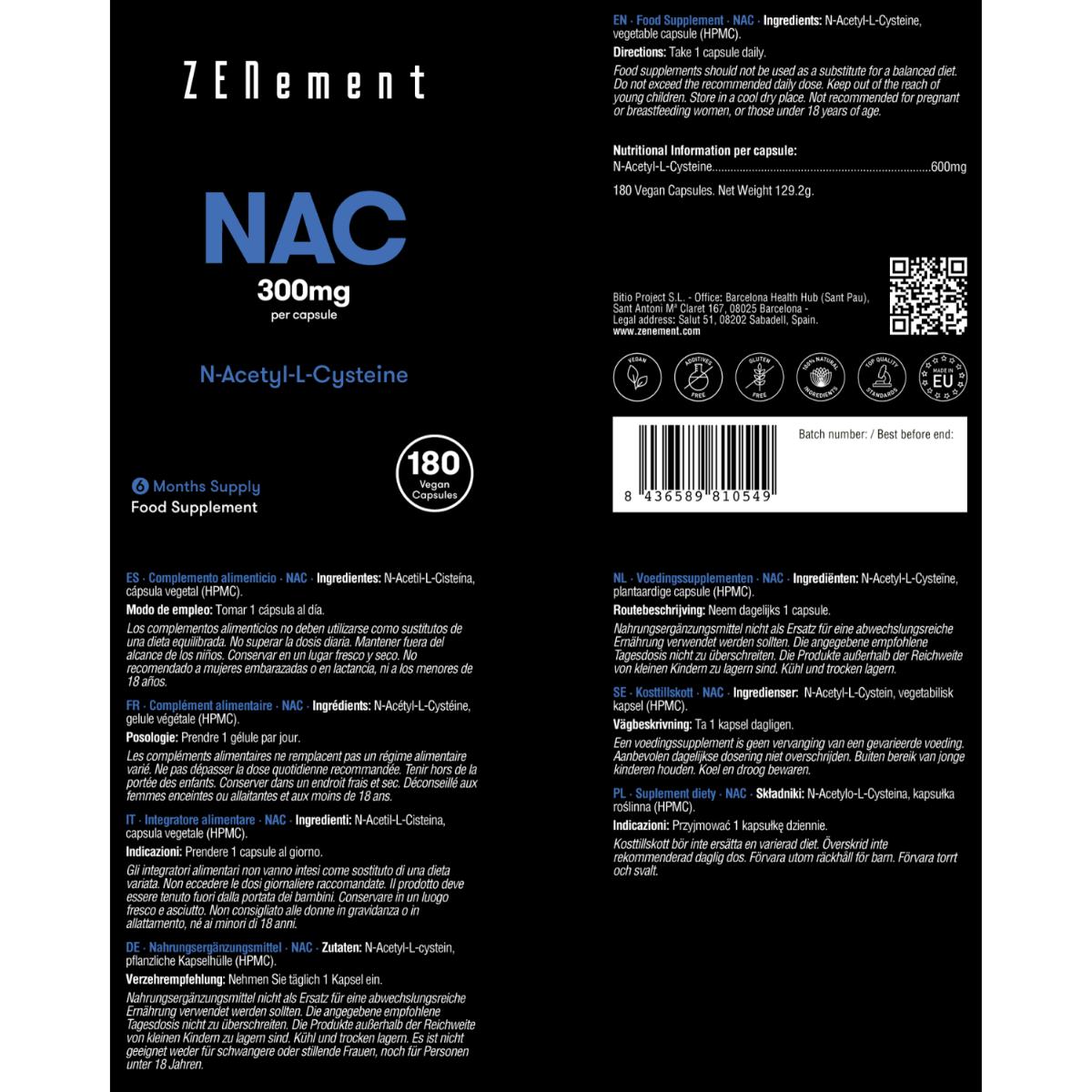 NAC N-Acetyl-Cysteine, 600 mg Zenement, 180 vegan tablets NAC 600 mg