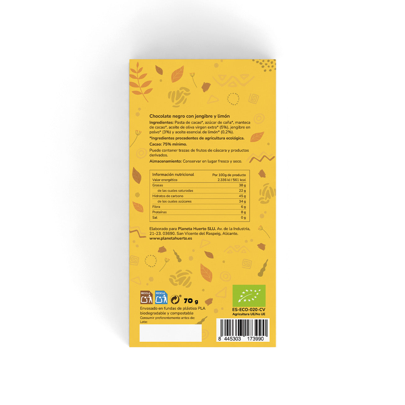 Baton z ciemnej czekolady 75% z imbirem i cytryną ECO Planeta Huerto 70 g