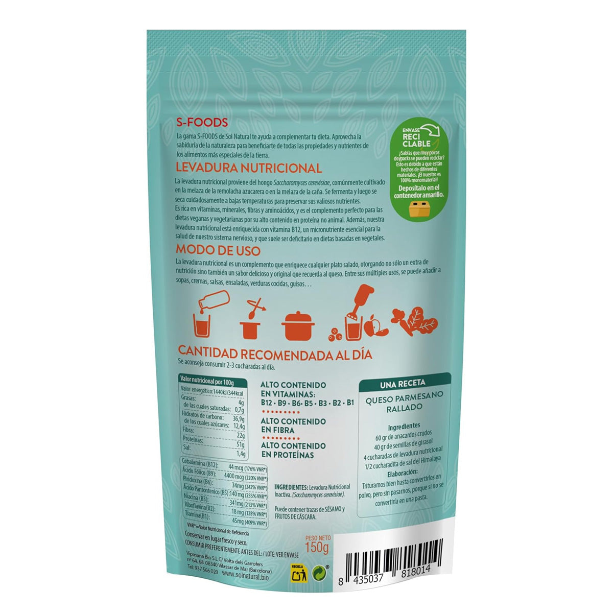 Levadura nutricional con vitamina B12 Sol Natural 150g