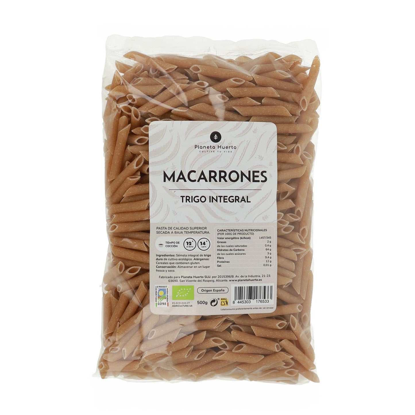 Macarrones de trigo integral ECO Planeta Huerto 500gr