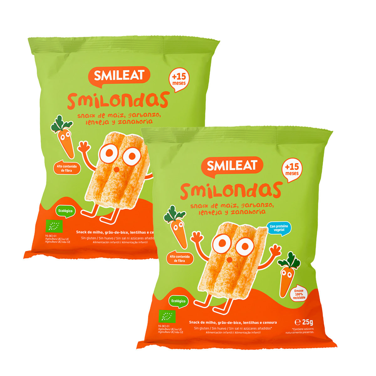 2-pack Smilondas Snacks med majs, kikärter, linser och morötter, ekologiskt, Smileat, 25 g