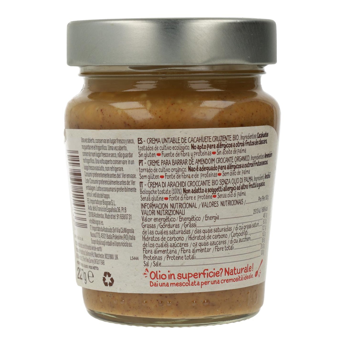 Crema di arachidi biologica croccante, 227 g. Whole Earth