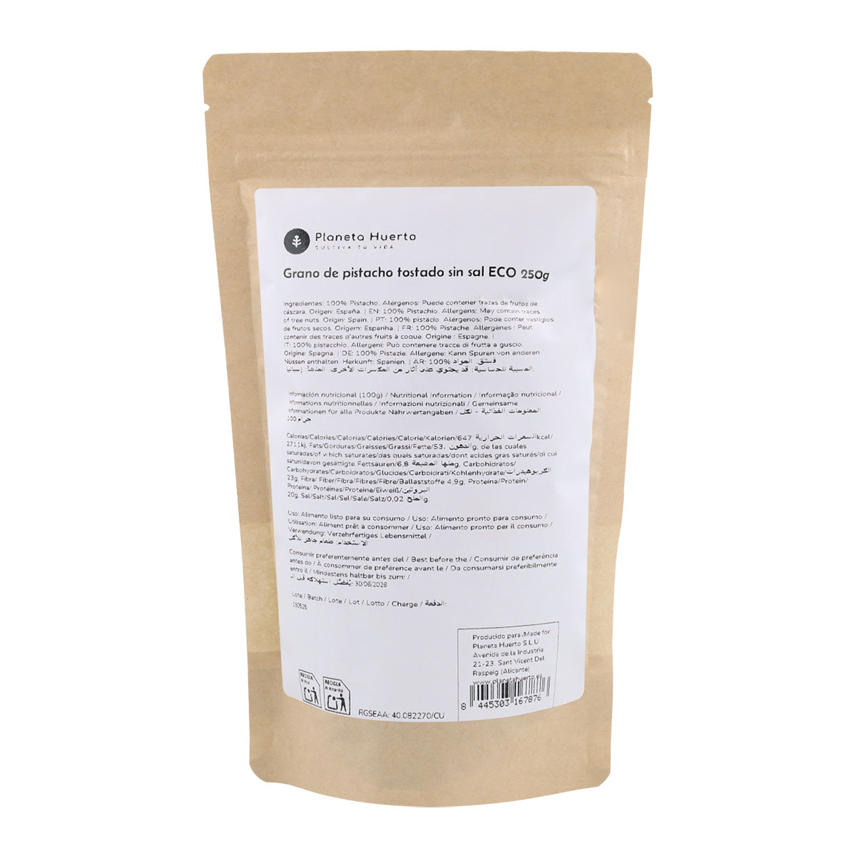 Geroosterde pistachenoten, ongezouten Eco Planeta Huerto 250 g