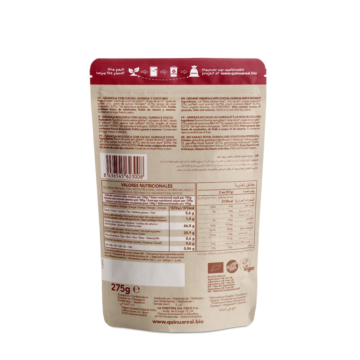 Organic Royal Quinoa Granola with Cocoa and Coconut La Finestra Sul Cielo 250 g