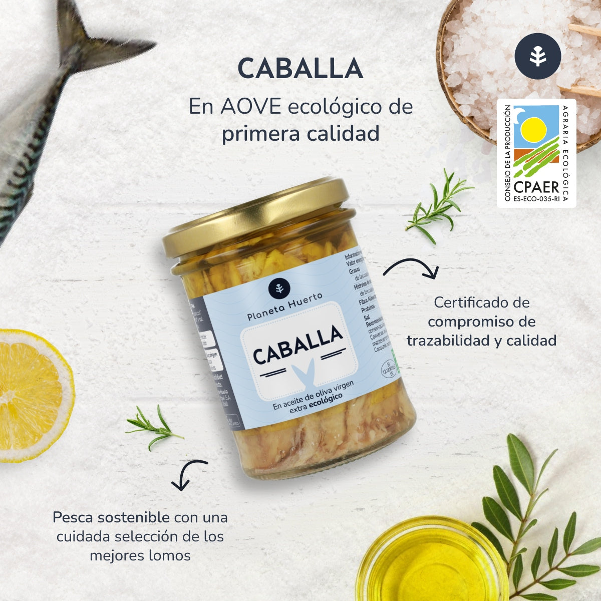 Förpackning 6x Makrill i olivolja ECO Planeta Huerto 190 gr