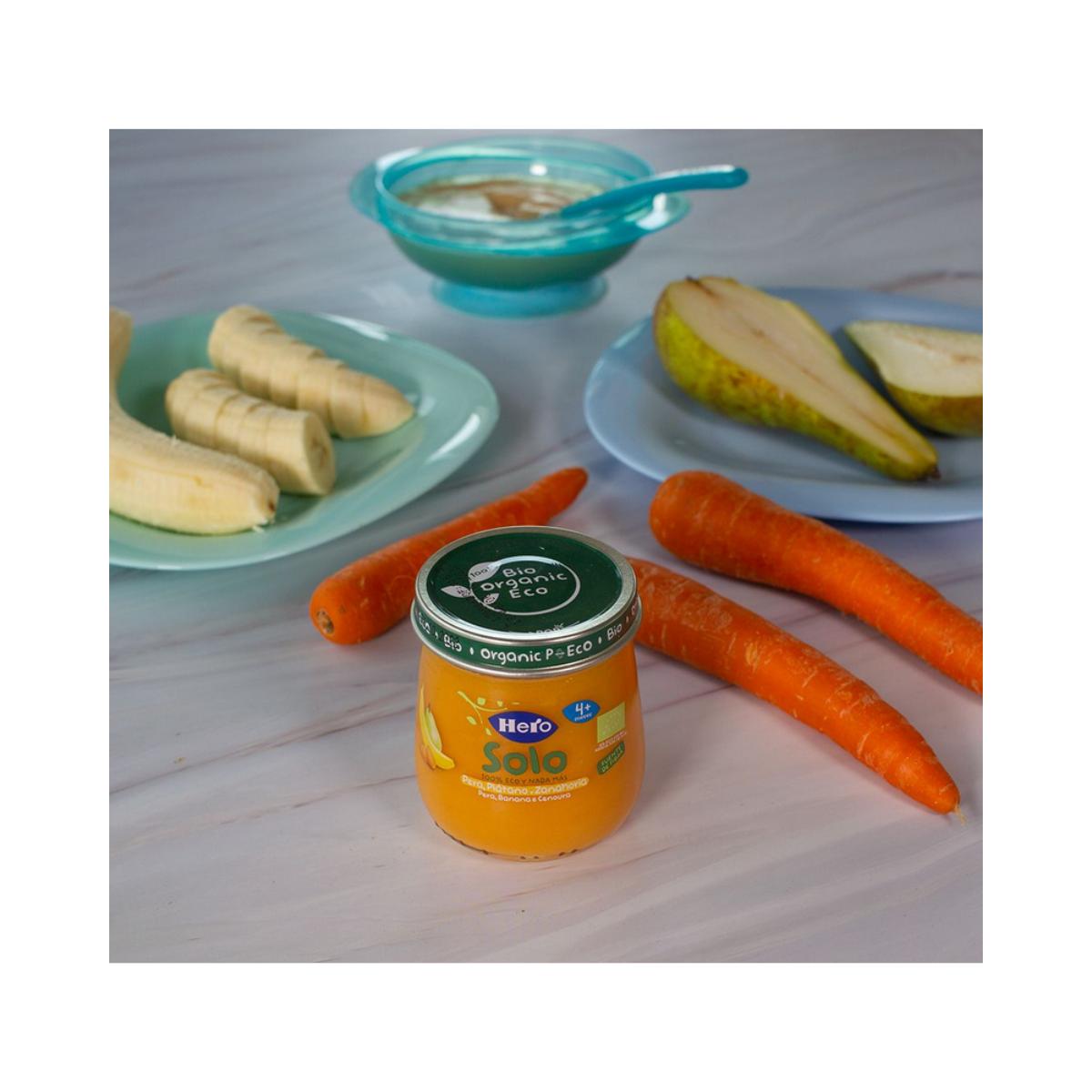 Sparpackung x 6 Gläschen mit Birnen, Bananen und Karotten BIO, 120 g. Hero Solo