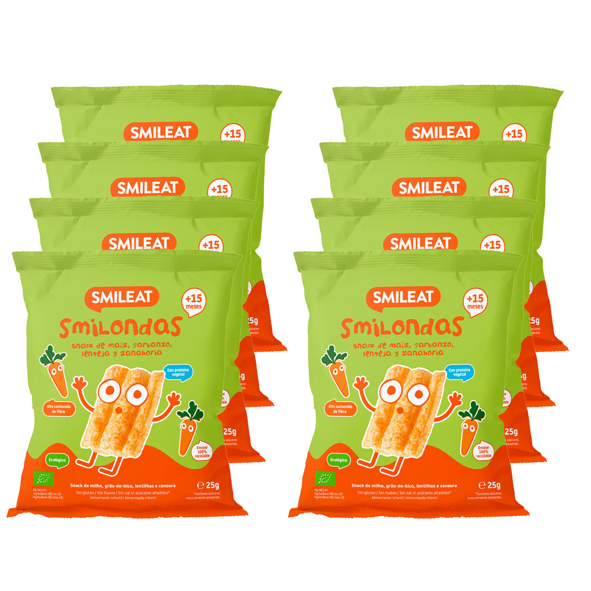 Pack 8x Smilondas Snack au maïs, pois chiches, lentilles et carottes bio, Smileat, 25 g