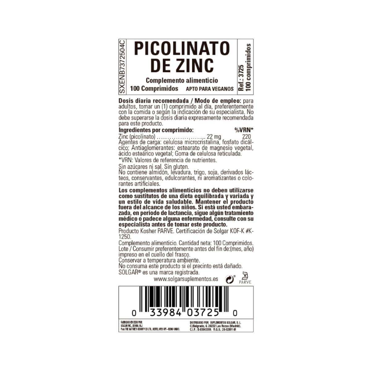 Zinkpicolinat 100 Tabletten à 22 mg Solgar