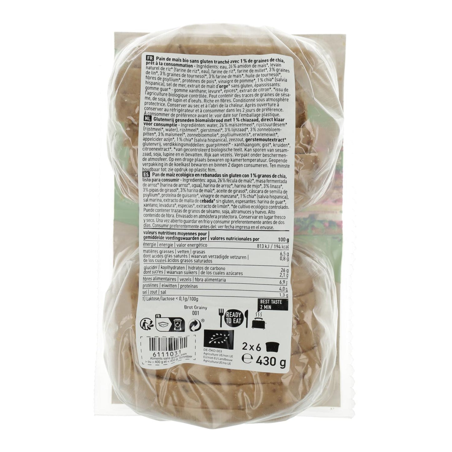 Schnitzer Organic Gluten-Free Grainy Sprouted Seed Corn Bread Slices 430g