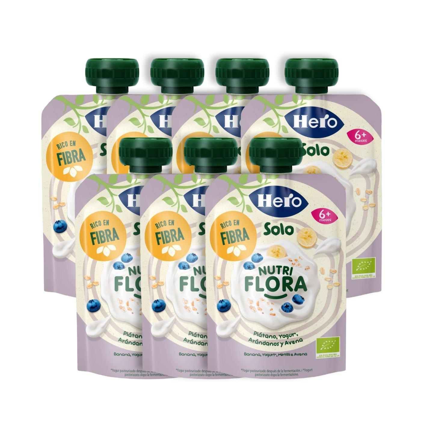 Pack of 7 Nutri Flora sachets in banana, blueberry, yoghurt and oat flavour, 100 g Hero Solo