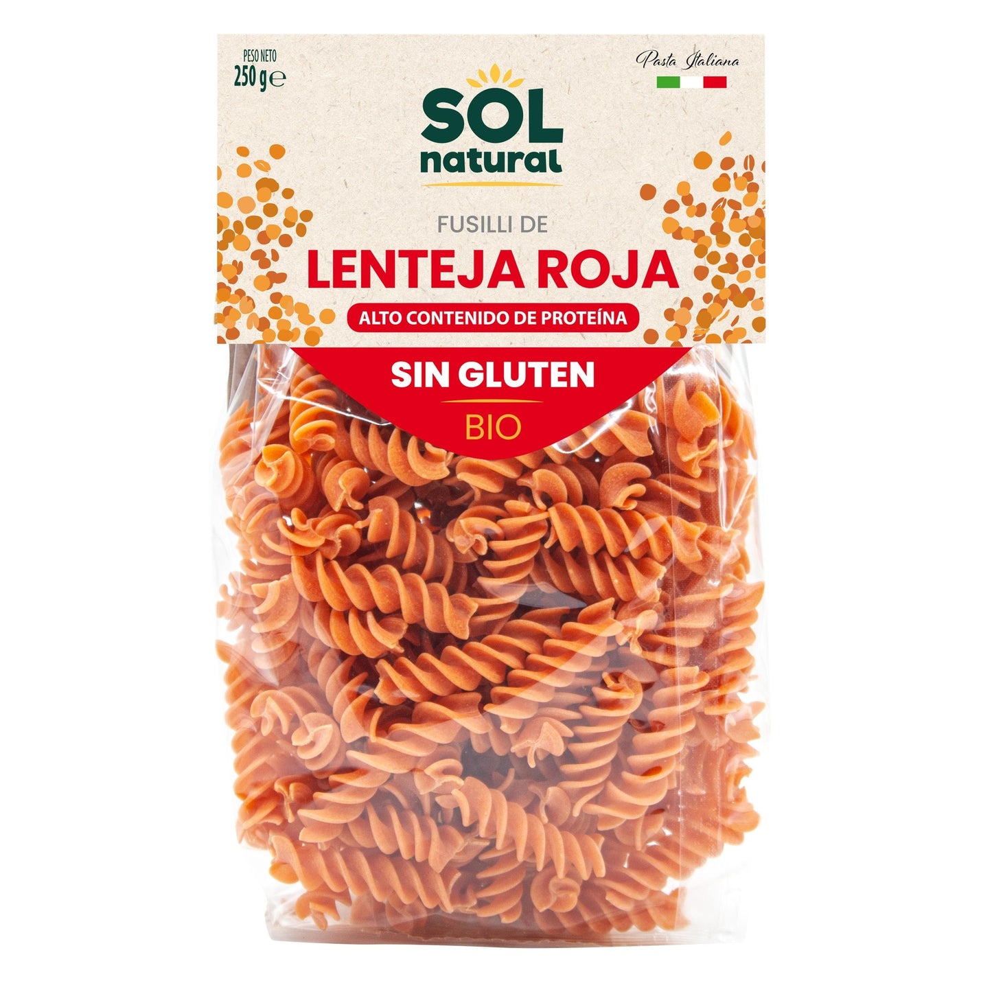 Glutenfri fusilli av röda linser, ekologisk, Sol Natural, 250 g
