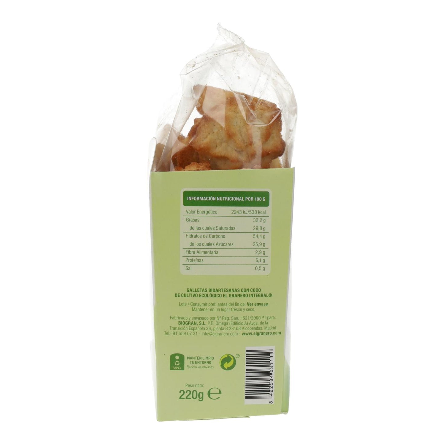 Biscotti artigianali con cocco biologico El Granero, 220 g