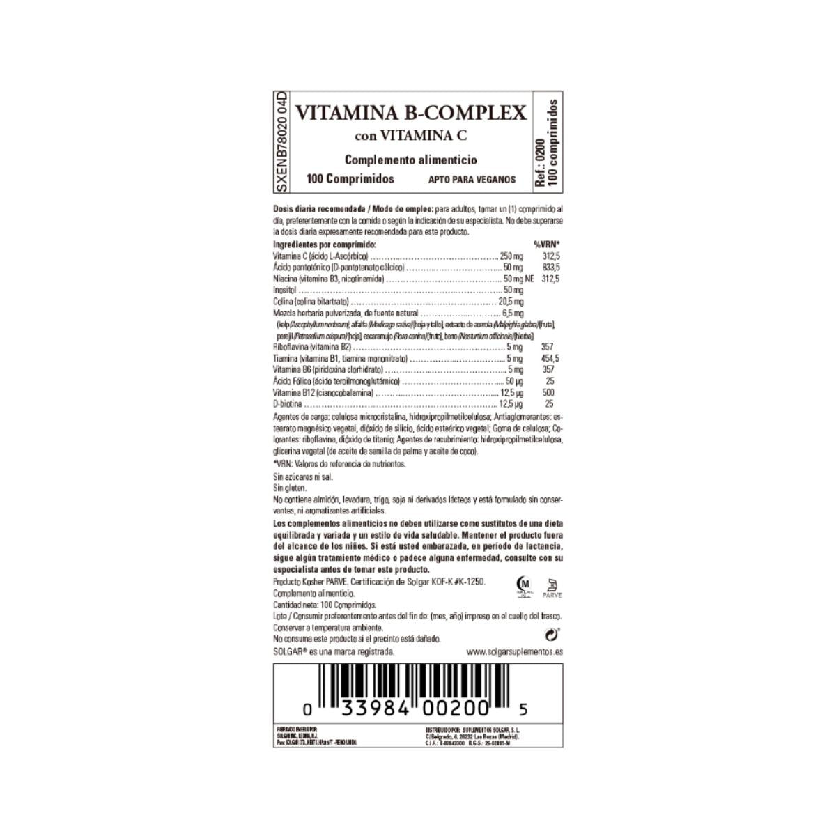 Vitamin B-komplex med vitamin C Solgar 100 tabletter