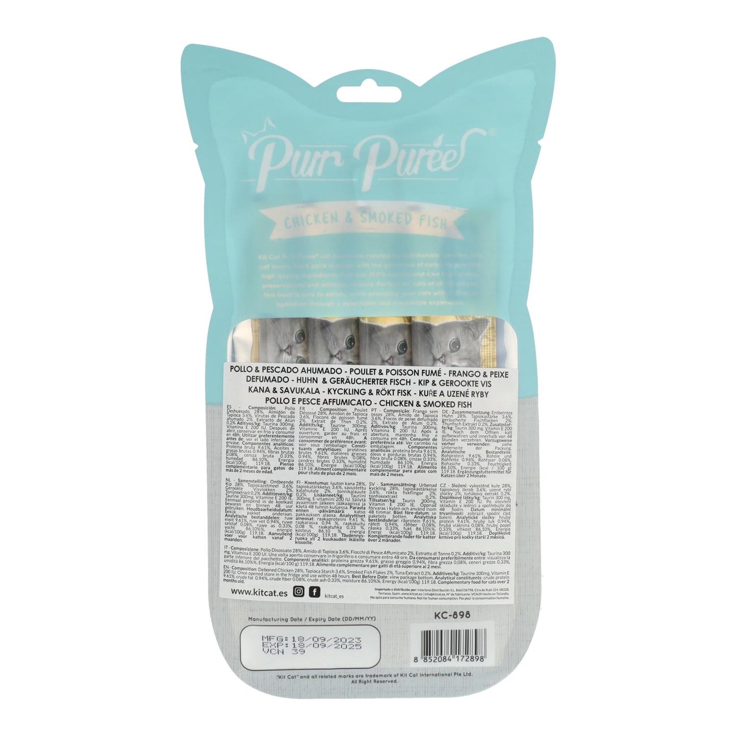 Kit Cat PurrPuree – Huhn und geräucherter Fisch 60 g Cremiger Snack für Katzen