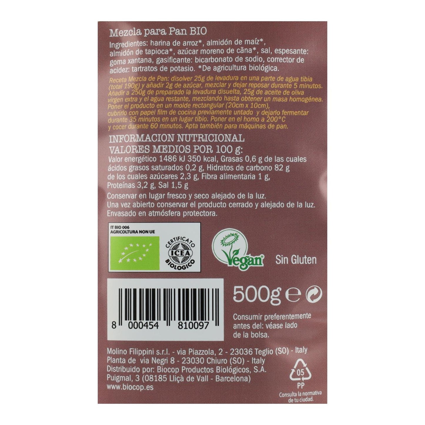 Biovitagral 500 g Mélange de farines biologiques sans gluten pour la fabrication du pain