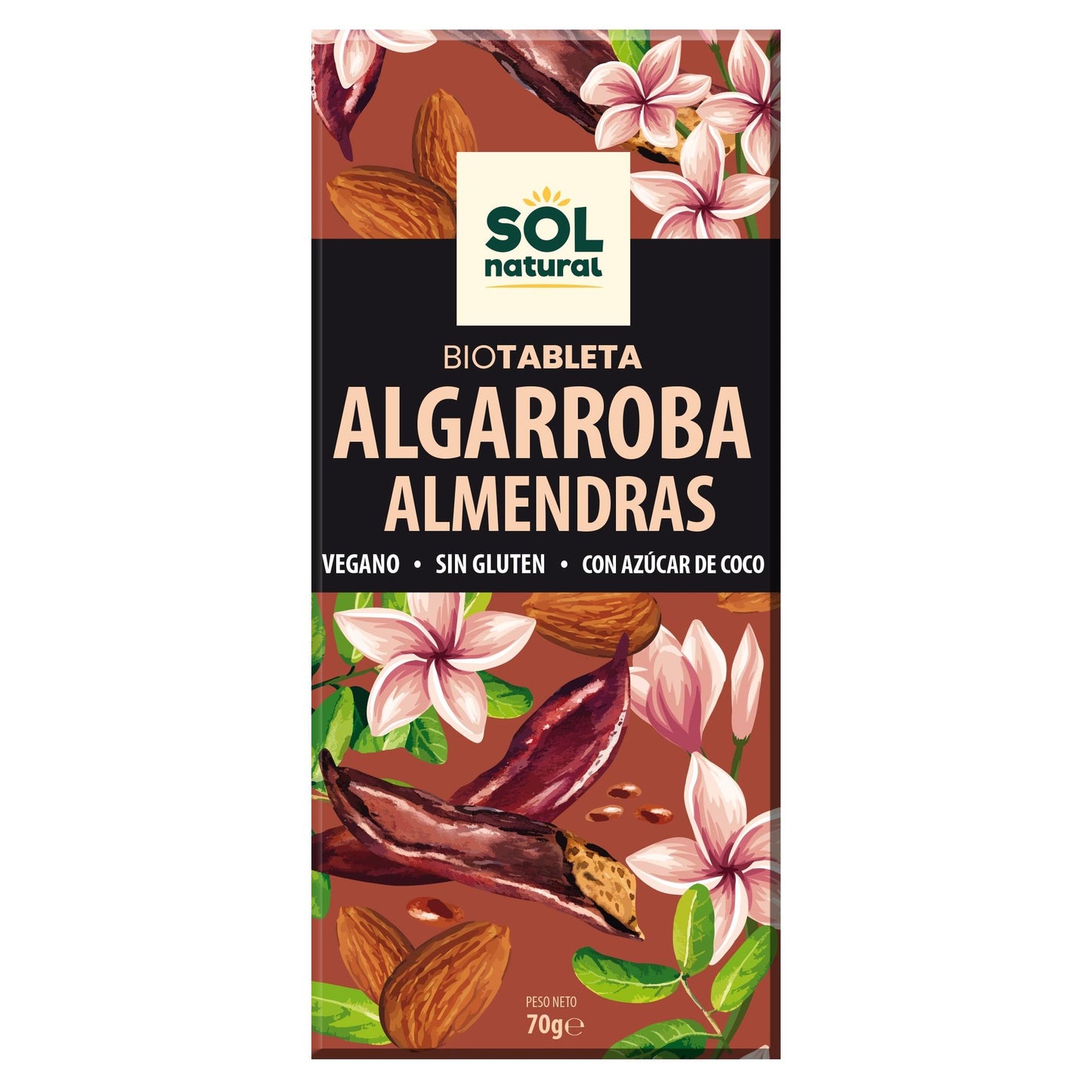 Veganistische carobchocolade met biologische amandelen Sol Natural 70 g