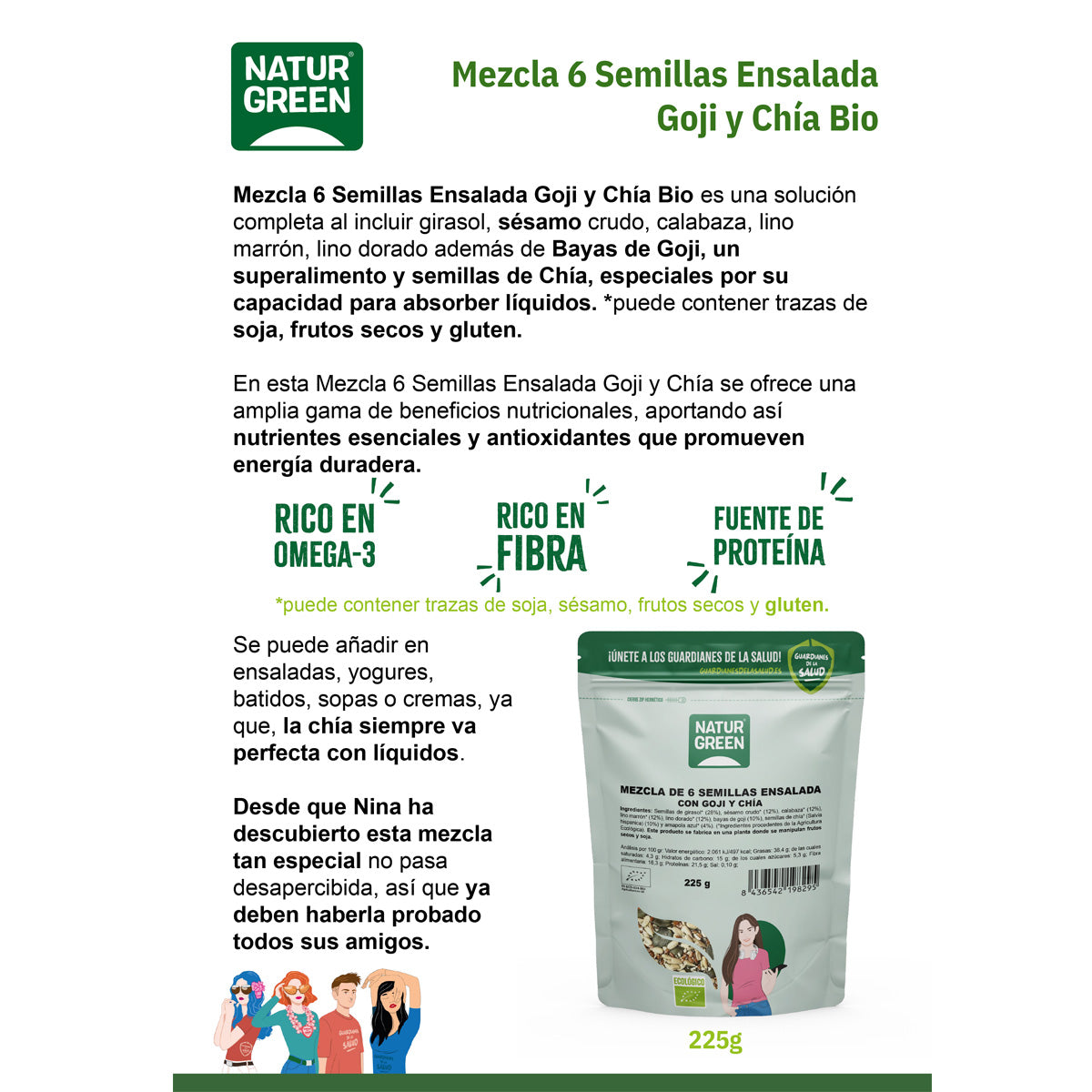 Mieszanka 6 nasion sałatki Goji i Chia Bio NaturGreen 225 g