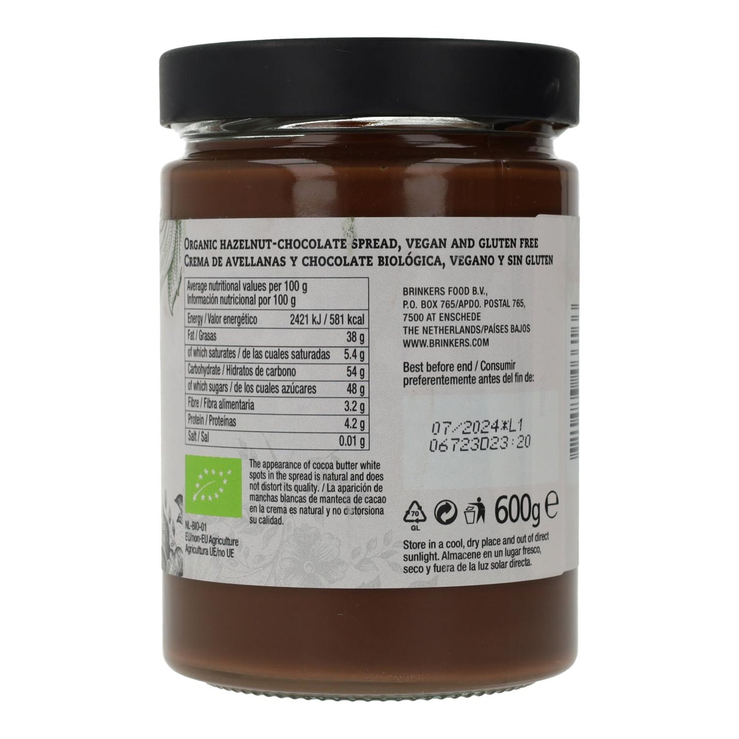 Crème chocolat et noisette végétalienne sans gluten La Vida Vegan 600 g