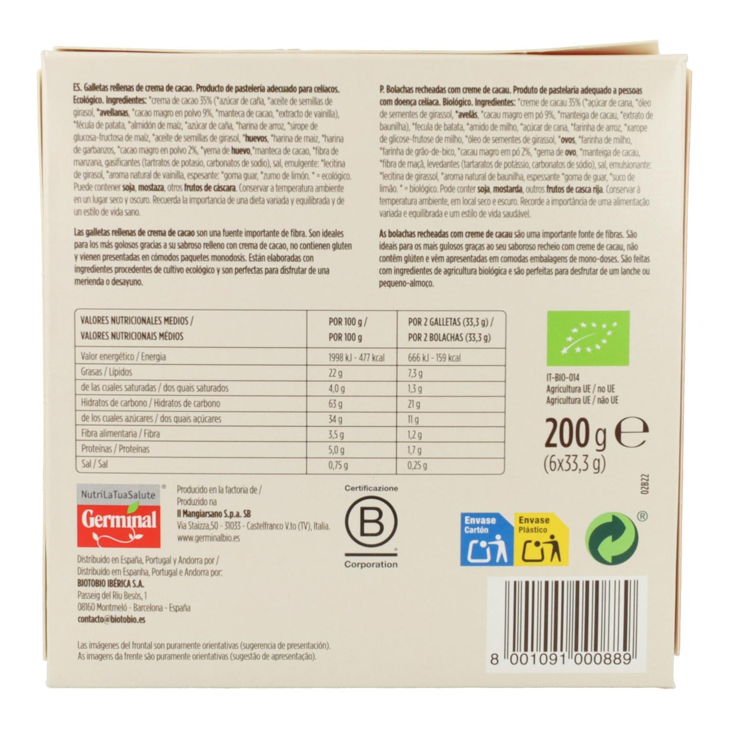 Bezglutenowe ciastka z kremem kakaowym Germinal Bio, 200 g