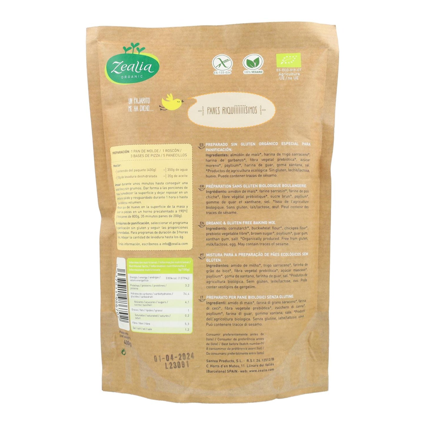 Mélange de farine à pain sans gluten biologique Zealia 500 g