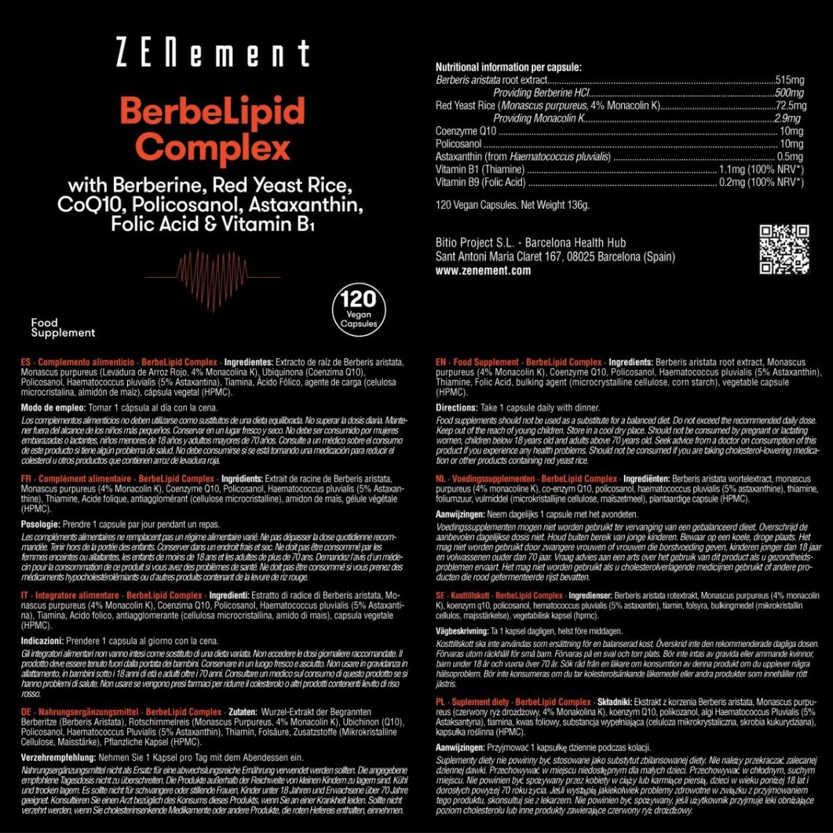 BeberLipid Complex z berberyną, czerwonym drożdżami ryżowymi, polikozanolem, Q10, astaksantyną, kwasem foliowym i witaminą B1 Zenement, 120 tabletek