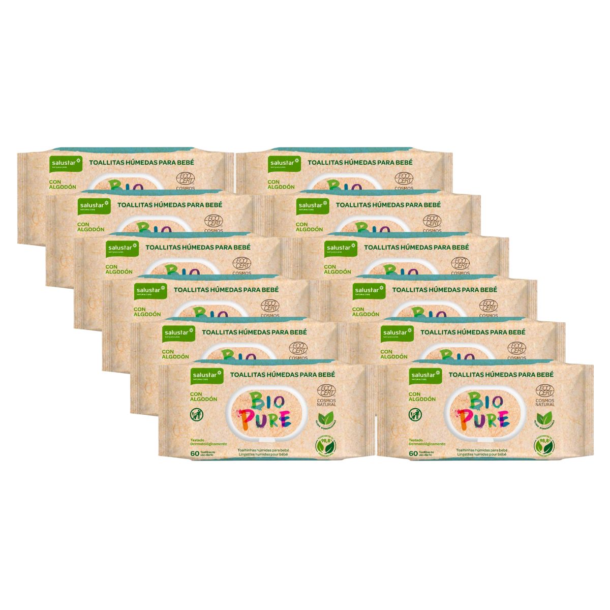 PACK 12x Biopure biologisch afbreekbare babydoekjes Salustar 60 stuks
