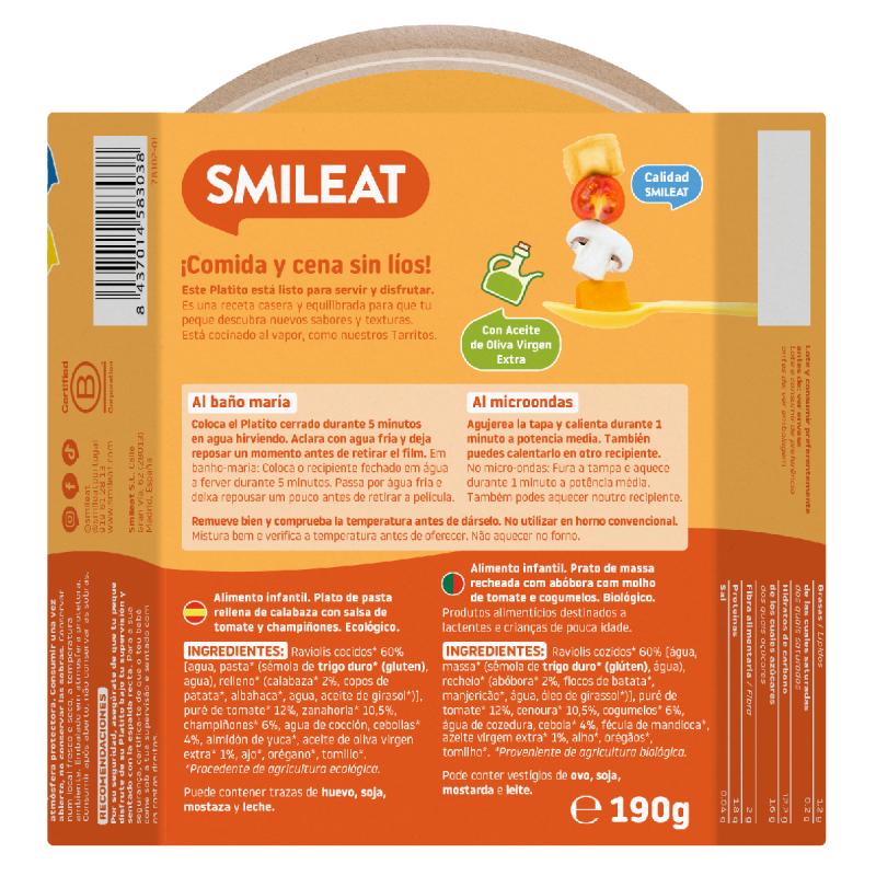 Schoteltje ravioli met pompoen en tomatensaus ECO (vanaf 15 maanden) Smileat 190 g