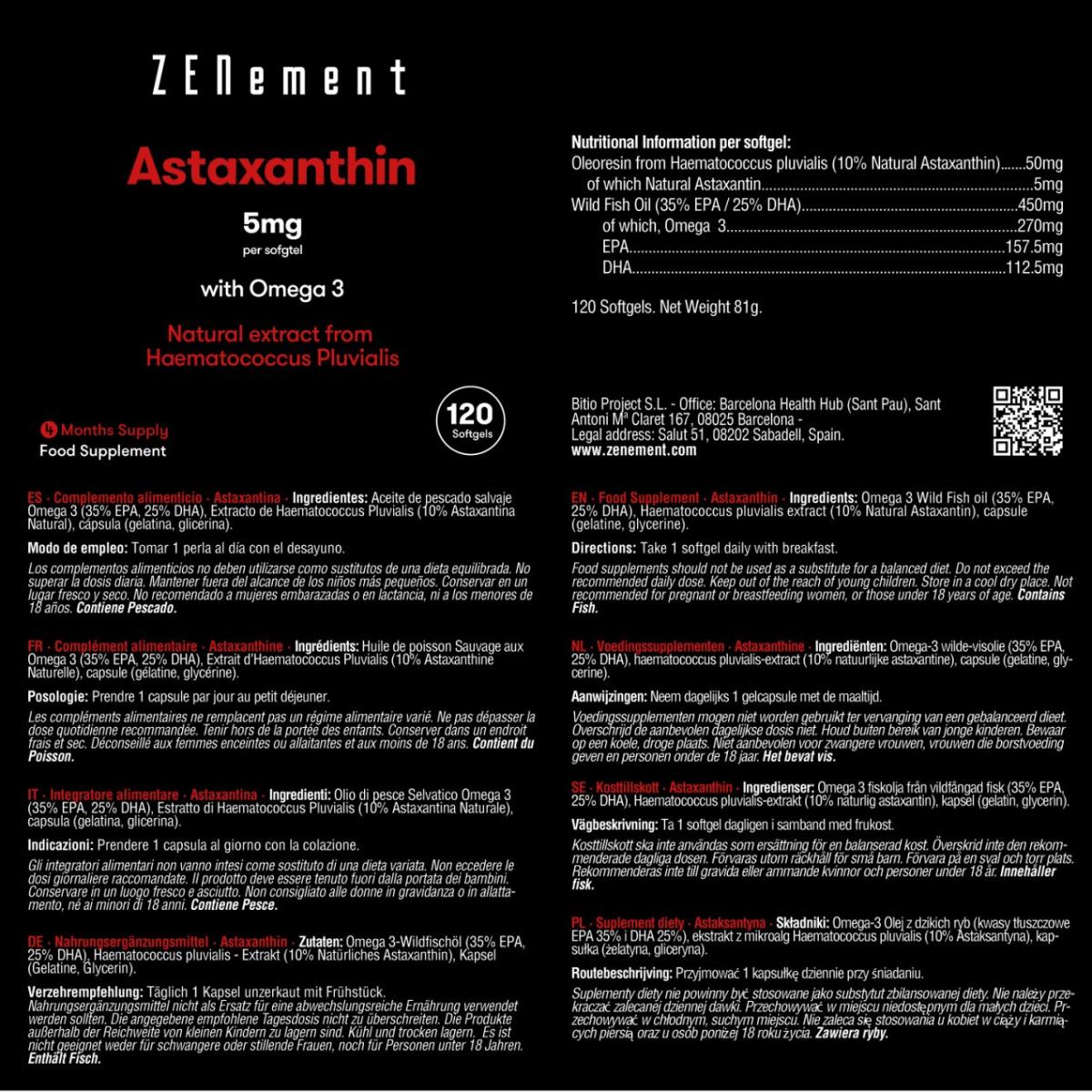 Astaxanthin, 5 mg with Omega 3 Zenement, 120 tablets Astaxanthin 5 mg with Omega 3