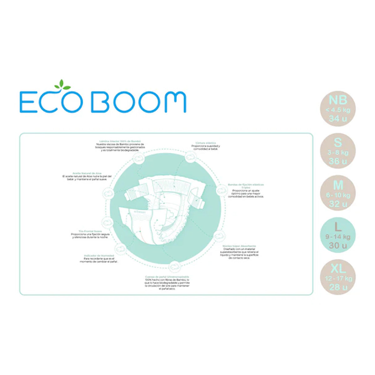 Pieluchy bambusowe Pure Premium ECO BOOM T4/L (9–14 kg) 30 szt.