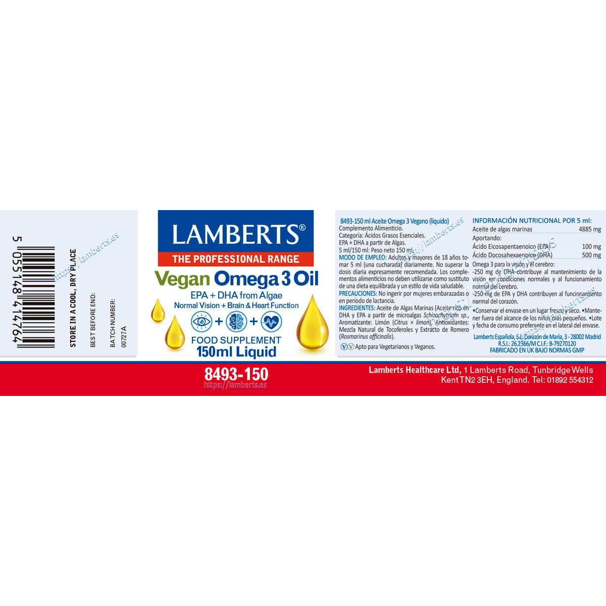 Flüssiges veganes Omega 3, Lamberts, 150 ml