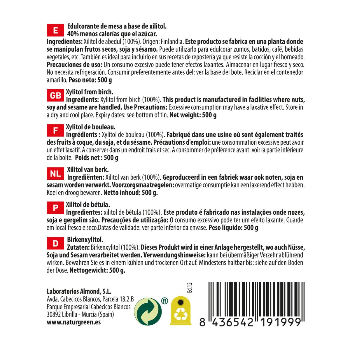 Xylitol berkenbloesemsuiker Naturgreen 500 g