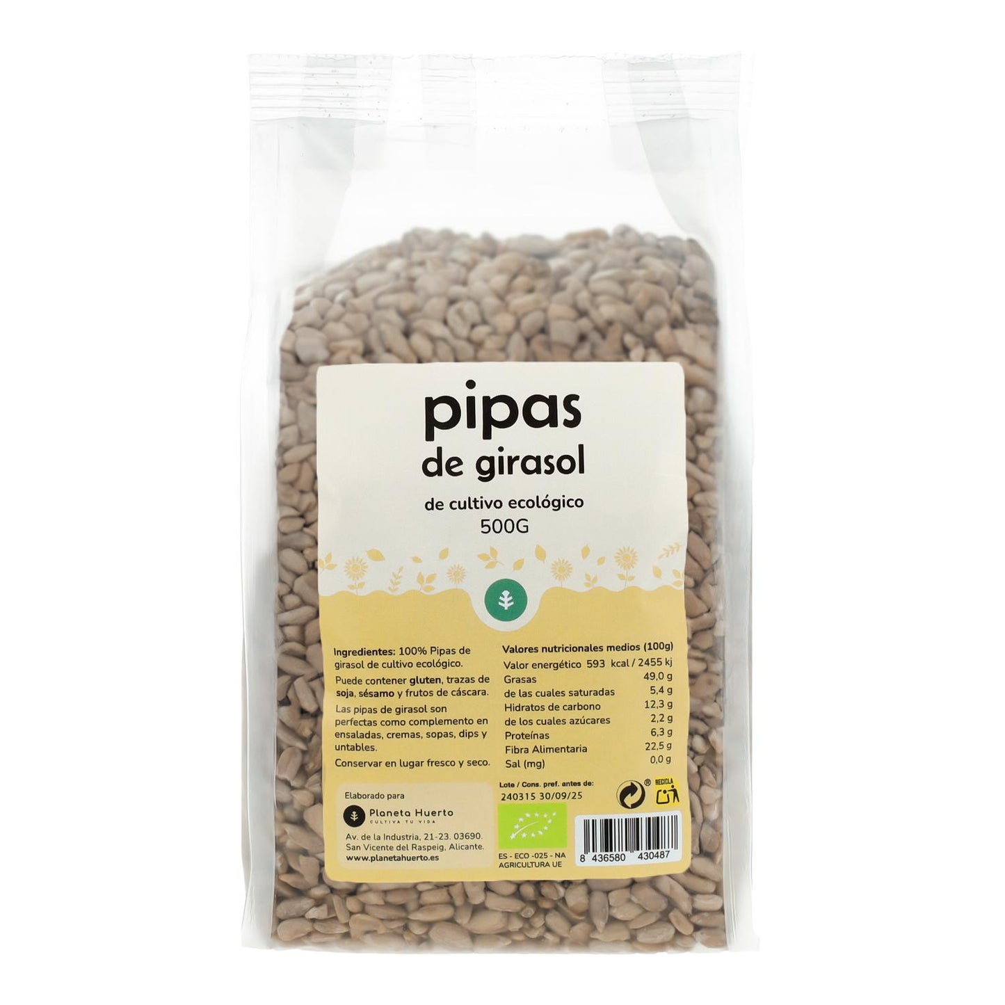 Skalade solrosfrön ECO Planeta Huerto 500 g