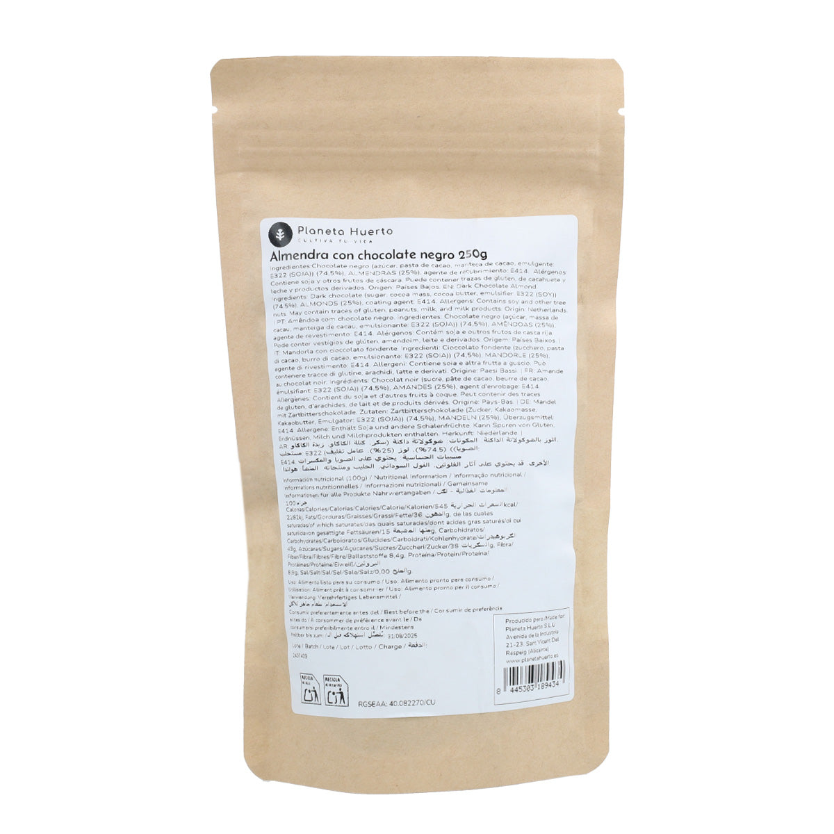 Amandelen met pure chocolade Planeta Huerto 250gr